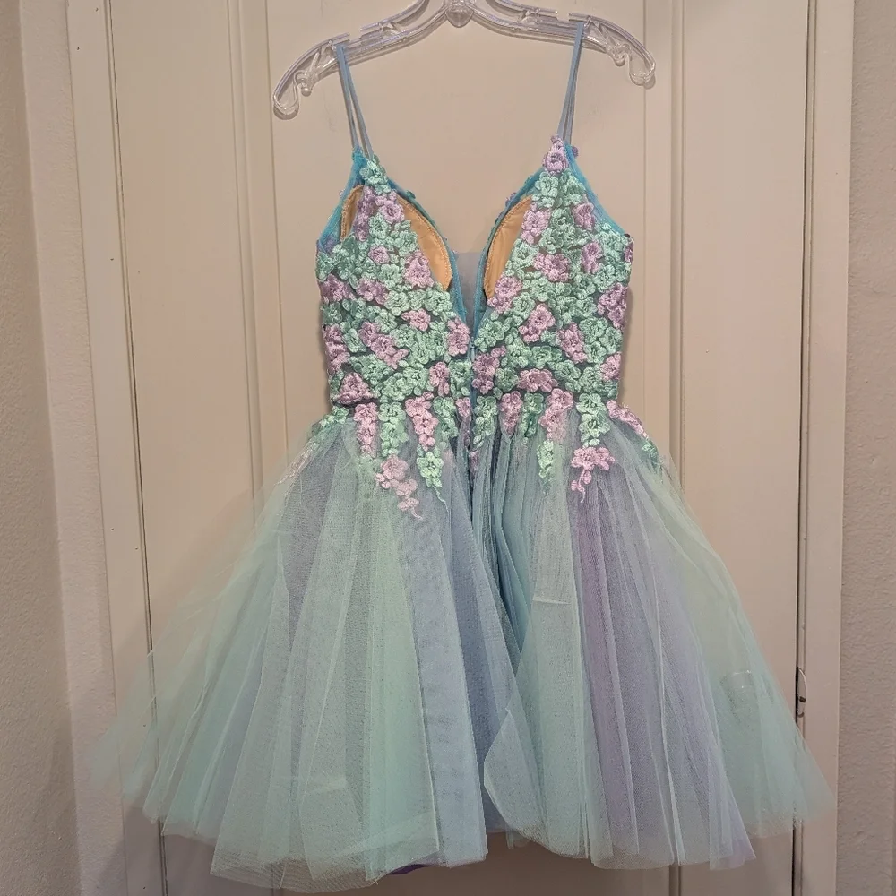 Jovani Multi Floral Embroidered Bodice Tulle Mini Dress Size 4 - Picture 5 of 11